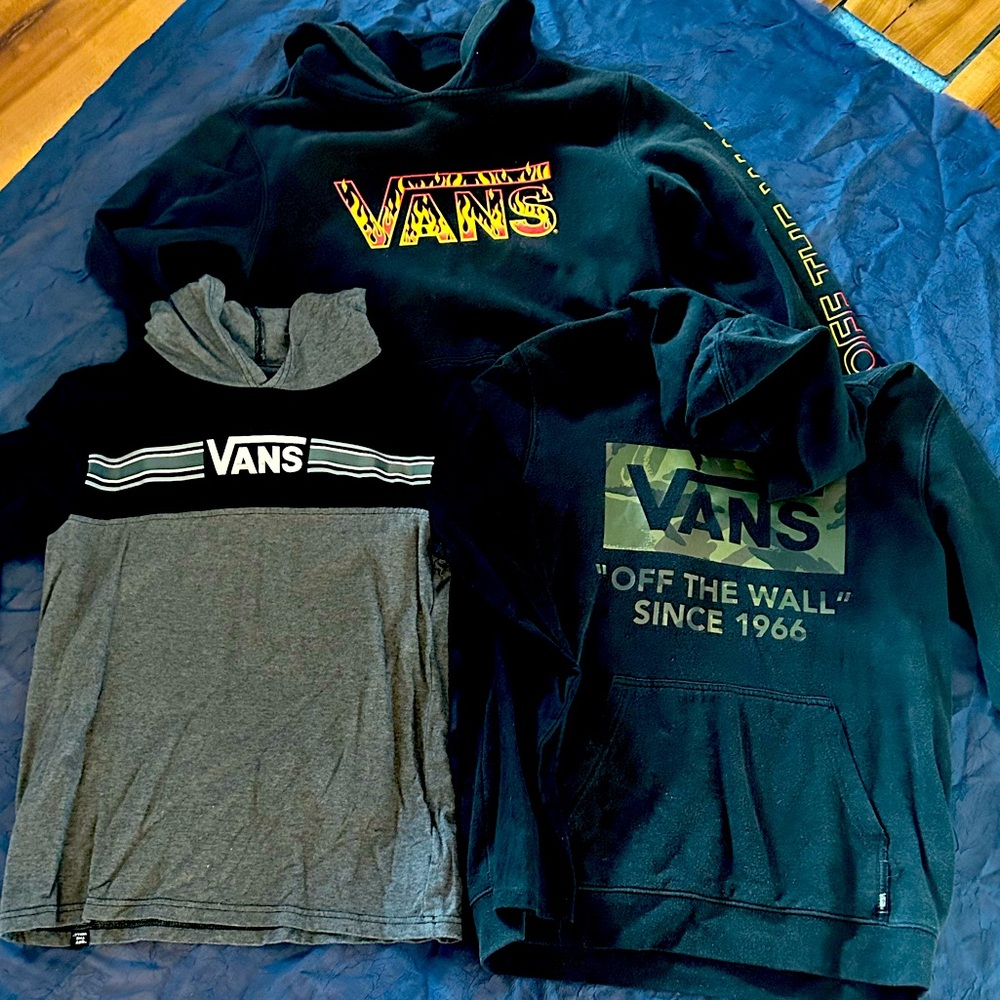 2 boys vans hoodies, 1 long sleeved vans shirt all are boys size large